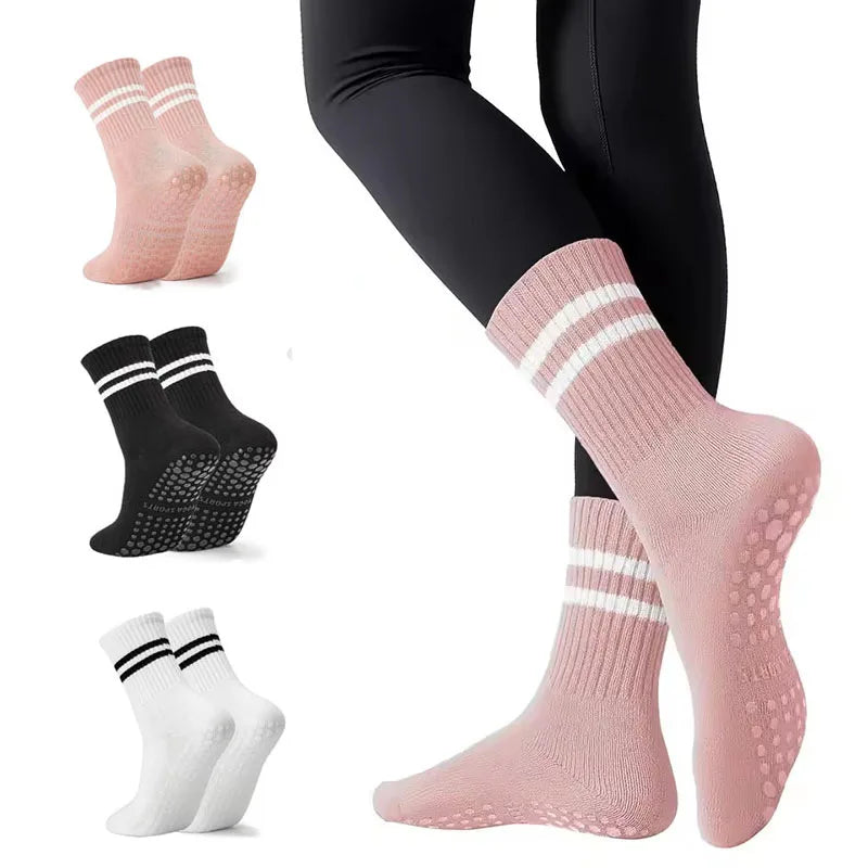 Lot de 3 paires de chaussettes de yoga longues – Antidérapantes, idéales Pilates, Barre, Danse & Fitness